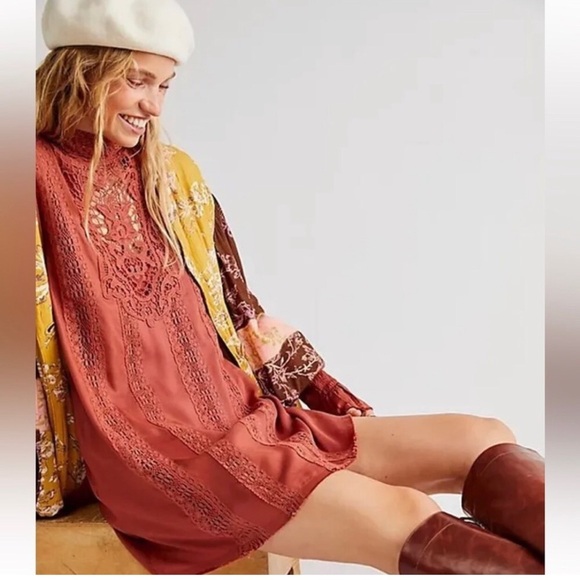 Free People burnt orange Vienna smocked sleeves crochet lace boho Mini Dress - Picture 5 of 9